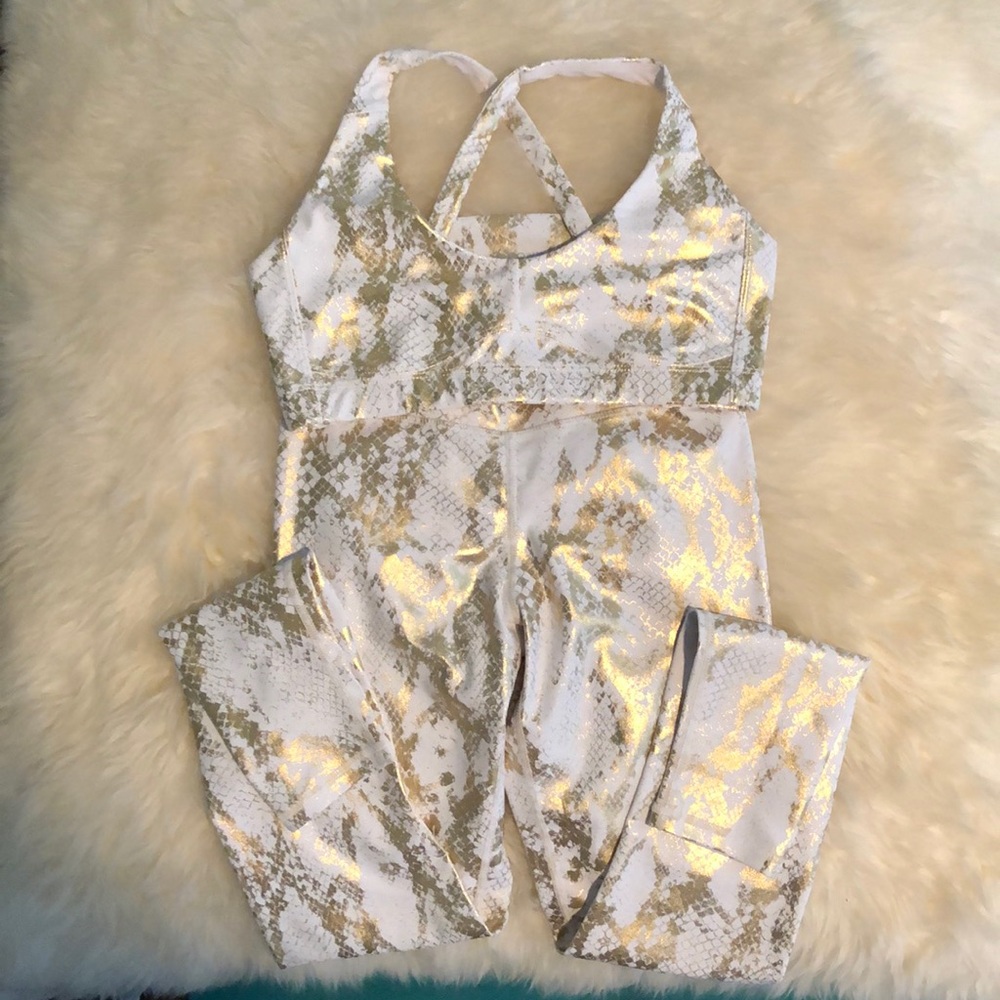 White and Gold Snakeskin Sports Bra & Leggings Set